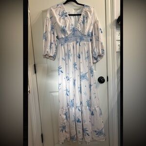 White and Blue Floral Maxi Dress with Smocked Waist